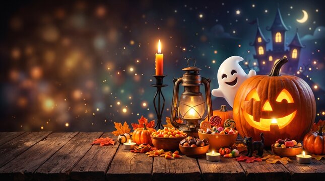 Halloween trick or treat background with pumpkin with copy space