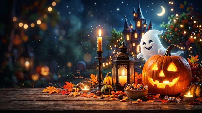 halloween candies and sweets on dark wooden background