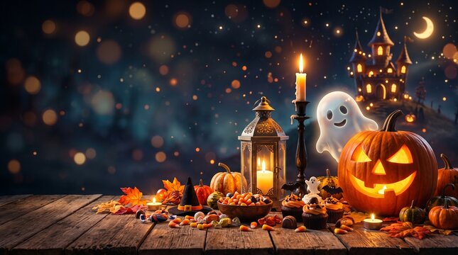 halloween candies and sweets on dark wooden background