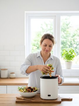 Woman putting organic vegetable scraps into electric composter on kitchen countertop   