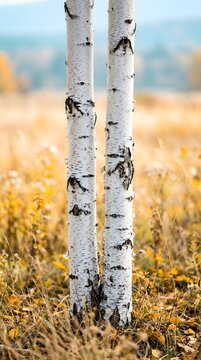 Close-Up of Birch Tree Trunks in a Golden Autumn Forest Setting