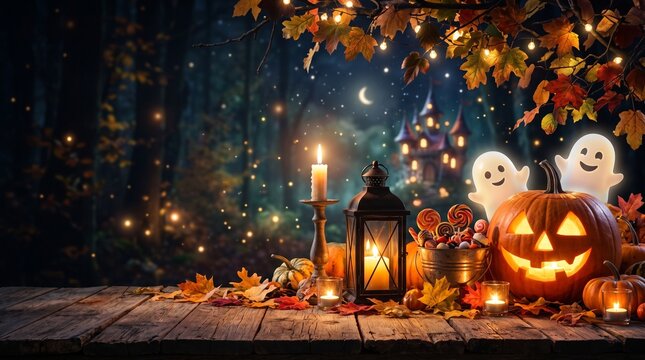 Halloween trick or treat background with pumpkin with copy space