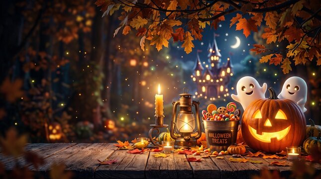 halloween candies and sweets on dark wooden background