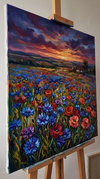 Large Impasto Painting on an Easel Depicting a Colorful Sunset Meadow