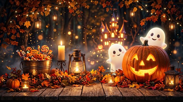 halloween candies and sweets on dark wooden background