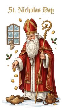 Ecclesiastical bishop figure: Saint Nicholas, golden coin, wooden shoe, traditional miter, holy staff, winter feast, charity gift, red vestment, joyful holiday.