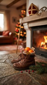 Saint Nicholas Day: happy festive, holiday tradition, brown boot, sweet treat, fireplace hearth, orange tangerine, gingerbread biscuit, bishop mitre, pine branch.