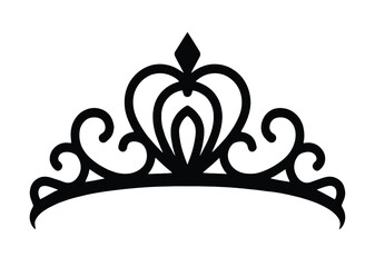 Elegant black princess tiara silhouette featuring ornate heart scrollwork and central diamond motif for royal design. © MTM Vector 