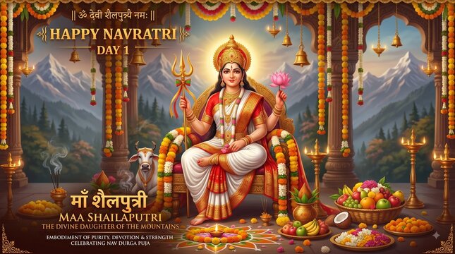 Hindu goddess maa shailputri seated on a white bull for navratri day one celebration