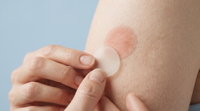 Applying a transparent hydrocolloid patch or waterproof bandage over ringworm or an annular red rash on an arm