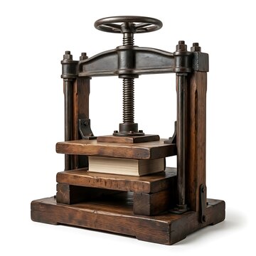 Vintage wooden printing press with metal frame for retro publishing