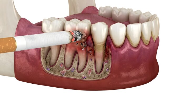 Medical 3D Illustration of Smoking Impact on Gums, Showing Gingivitis and Periodontitis.