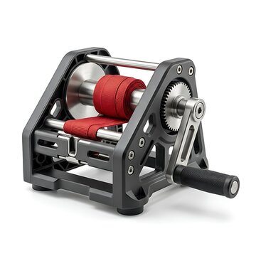 Hand wrap rolling device with red elastic band on black metal frame