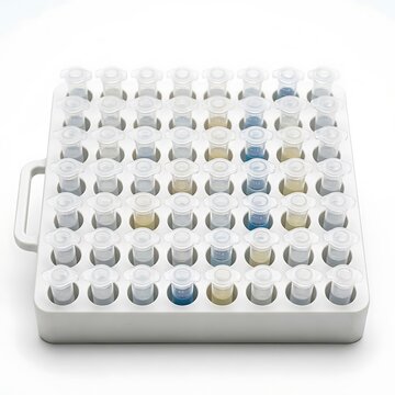 Laboratory centrifuge tube rack with color-coded sample tubes for