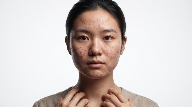 Frontal portrait of a young Asian woman suffering from a severe full-face breakout of cystic acne