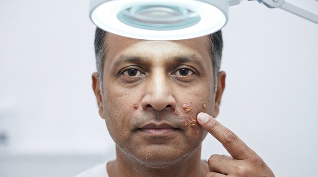 Indian man pointing at severe cystic acne on his cheek under a magnifying lamp in a dermatology clinic