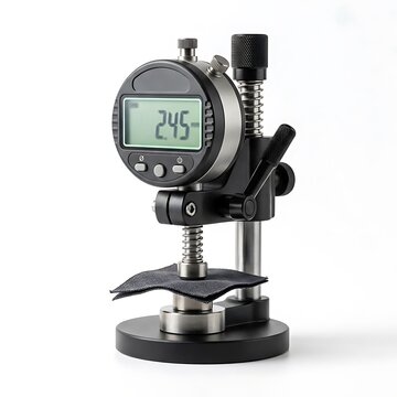 Digital caliper measuring fabric thickness on precision gauge stand