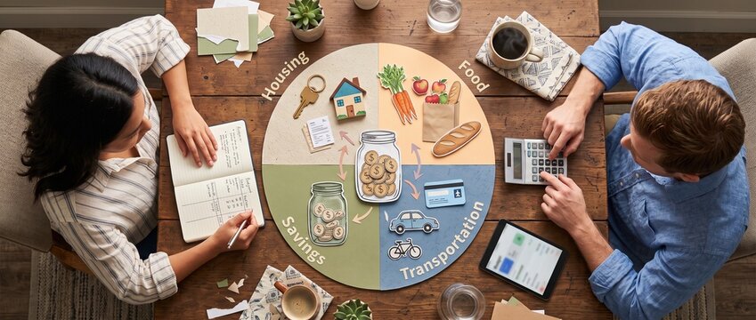 Couple planning a shared household budget at a kitchen table with housing, food, transport and savings categories, collaborative personal finance and family expense management concept
