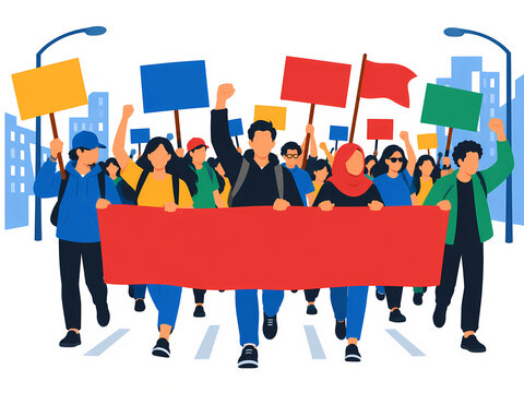 A vector illustration depicting a group of people staging a protest or demonstration.