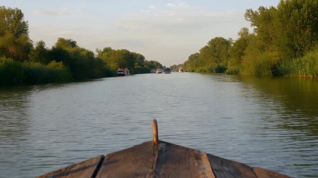 Wooden boat bow moves forward along calm tree-lined waterway over rippling water, bordered by dense green reeds, distant vessels, and warm sunlight from an onboard point of view