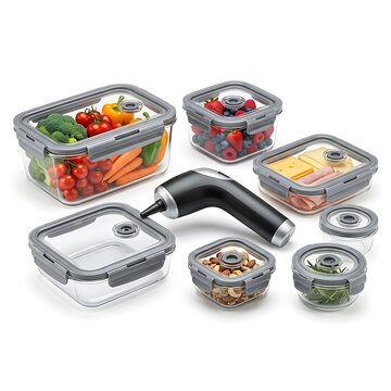 Modern meal prep containers with fresh vegetables and snacks for