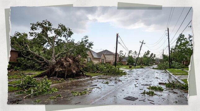 Uprooted tree blocking a suburban street with damaged power lines after a severe storm, hurricane aftermath and infrastructure disruption concept