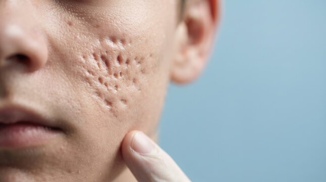 Gloved Doctor Finger Pointing at Deep Ice Pick Acne Scars and Atrophic Scarring on Cheek