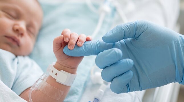 Close-up of a sleeping newborn in a hospital bed holding a gloved caregiver nurse finger, with an ID wristband and IV line taped to the baby&rsquo;s arm. No visible text