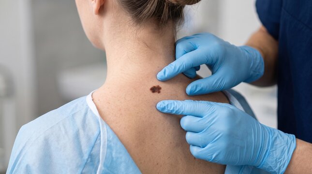 Close-up of a clinician in blue gloves examining a dark mole on a patient&rsquo;s upper back and neck, suggesting dermatology screening or skin cancer checkup in a clinic setting