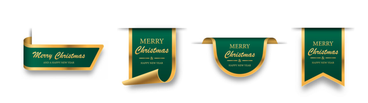 Christmas Tags set. Green-golden scrolls and banners.