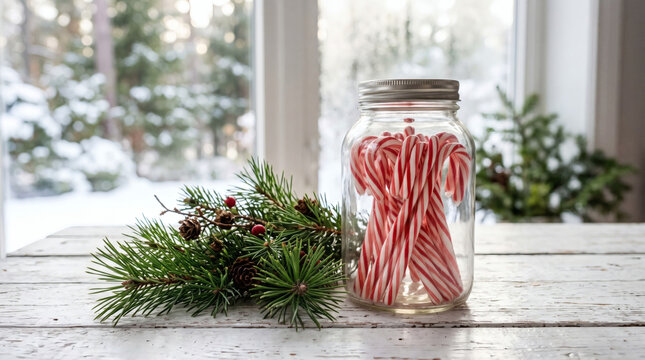 Candy canes in a glass jar beside pine sprigs on a white wooden table