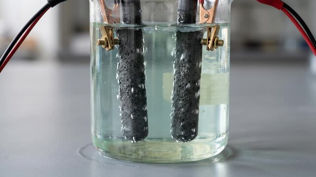 A static close up of Electrolysis bubbling in water showing gas rising from graphite electrodes in a glass beaker