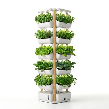 Modern vertical hydroponic garden with fresh herbs and leafy greens
