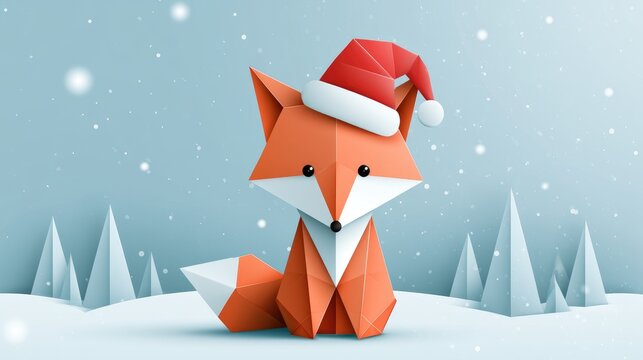cute little christmas fox with santa hat paper art work illustration