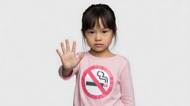 Young girl showing a no smoking gesture while wearing an anti smoking shirt