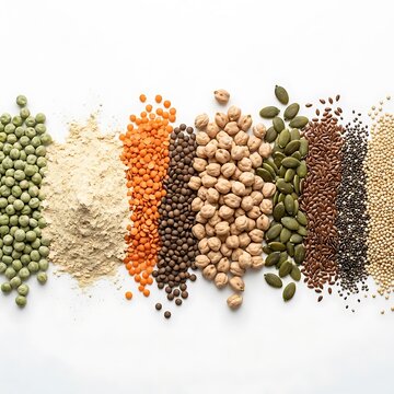 Assorted plant-based protein ingredients arranged for healthy