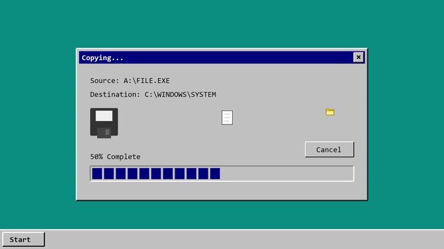 Retro operating system file copying dialog boxes on teal background