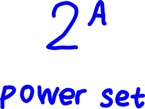 Handwritten blue mathematical formula $2^A$ and the text "power set" on a white background, representing set theory concepts in discrete mathematics and algebra.