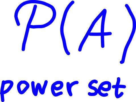 Handwritten blue mathematical formula $2^A$ and the text "power set" on a white background, representing set theory concepts in discrete mathematics and algebra.