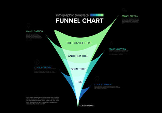 Business Funnel Chart Infographic Template with Five Stages on Black Background