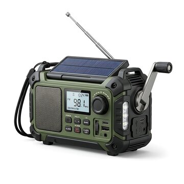 Solar-powered emergency radio displaying temperature and time for