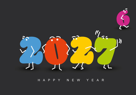 Creative Happy New Year 2027 Greeting with Cartoon Number Characters