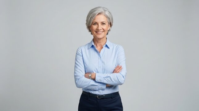Happy mature woman with grey hair smiling and standing with her arms crossed wearing a light blue shirt on a plain background