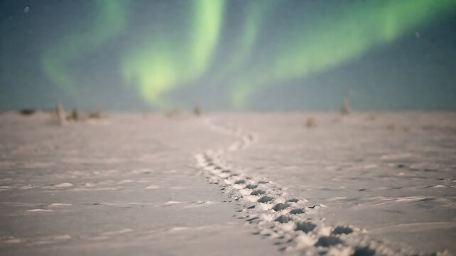 aurora with green arcs over a snowfield in an arctic night