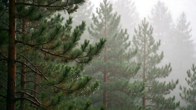 pine forest in mist with trunks receding into the mist