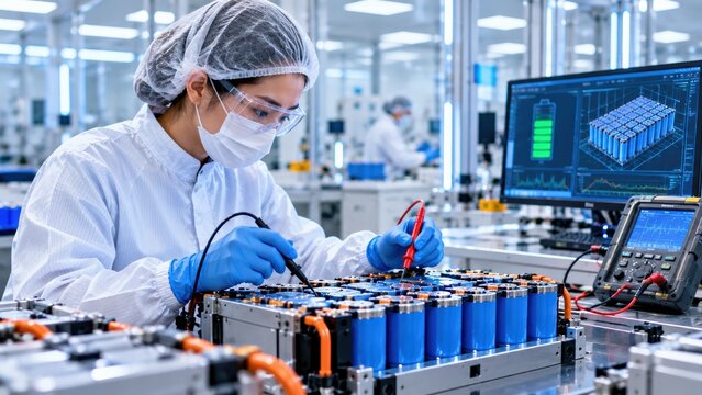 A technician in protective gear tests battery cells in a high-tech lab with advanced monitoring equipment and a clean, organized workspace.
