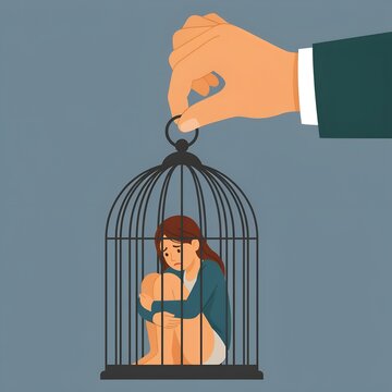 Conceptual Illustration of a Woman Trapped in a Birdcage Under External Control