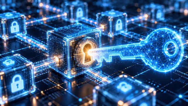 Digital 3D rendering of glowing key unlocking a secure data block in a network of interconnected padlocks symbolizing cybersecurity and data protection.