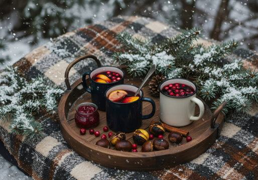 Three mugs with hot mulled wine, baked chestnuts, and cranberries on wooden tray with cozy plaid outdoor. Winter warming drink.