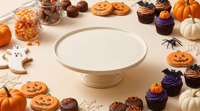 Halloween treats display with empty cake stand for product placement